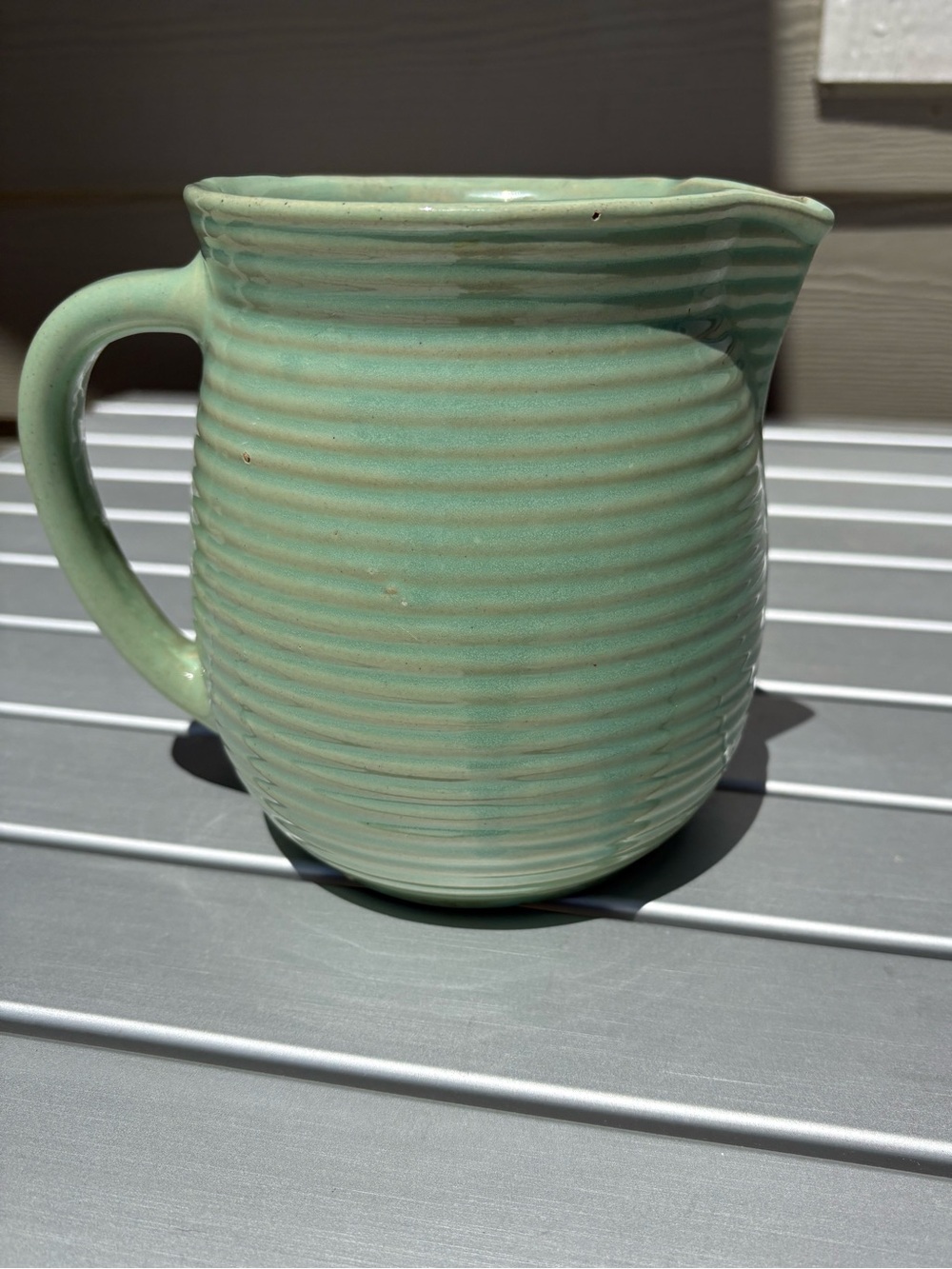 Monmouth Pottery, 1 Qt Milk Pitcher Ribbed Beehive Design Green 1930s Maple Leaf